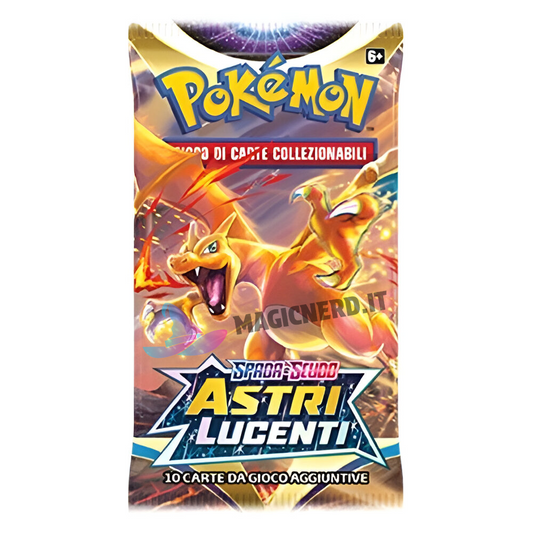 Esplora il brillante universo di Pokémon Spada e Scudo: Astri Lucenti con questa busta contenente 10 carte (IT)! Aggiungi un tocco di luce alla tua collezione con le carte di Spada e Scudo: Astri Lucenti!