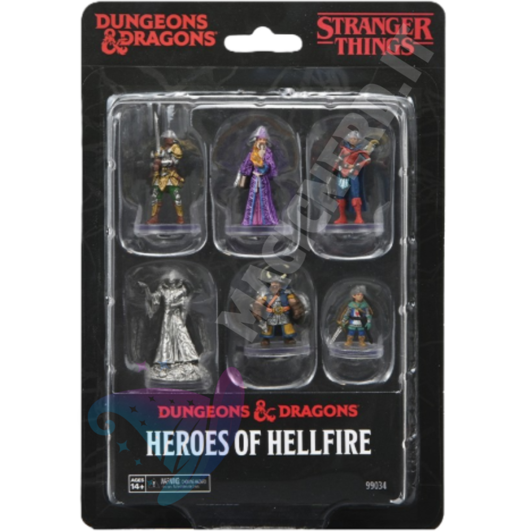 Set di 6 miniature pre-dipinte D&D Stranger Things Heroes of Hellfire prodotte da WizKids, inclusi Will the Wise e Vecna.