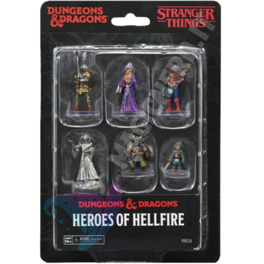 Set di 6 miniature pre-dipinte D&D Stranger Things Heroes of Hellfire prodotte da WizKids, inclusi Will the Wise e Vecna.