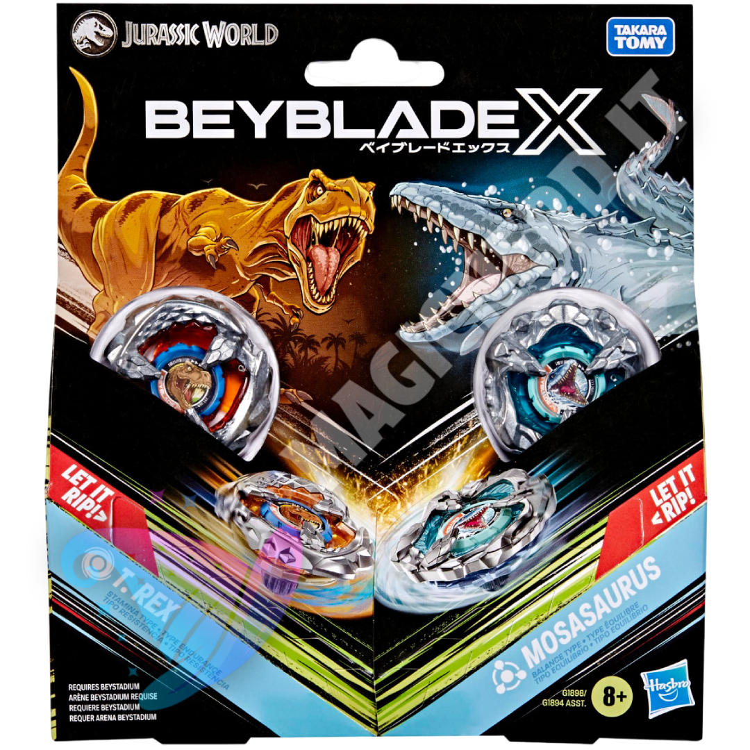 Beyblade X Jurassic World T-Rex Mosasaurus Multipack | 2 Trottole & 2 Lanciatori