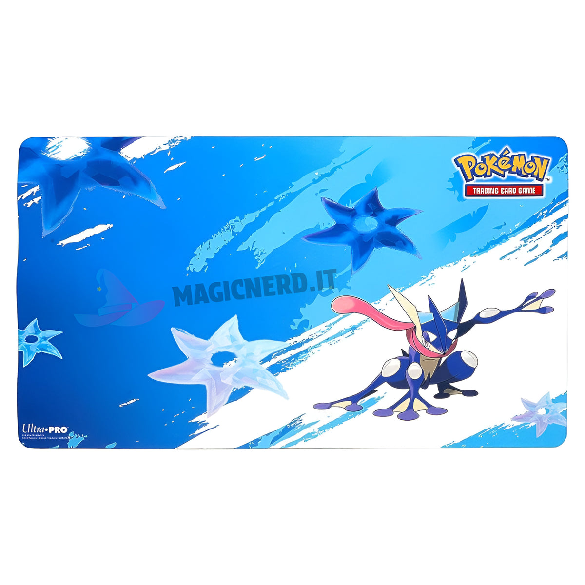 Playmat ultra pro Pokémon di colore blu e bianco con sopra raffigurato greninja