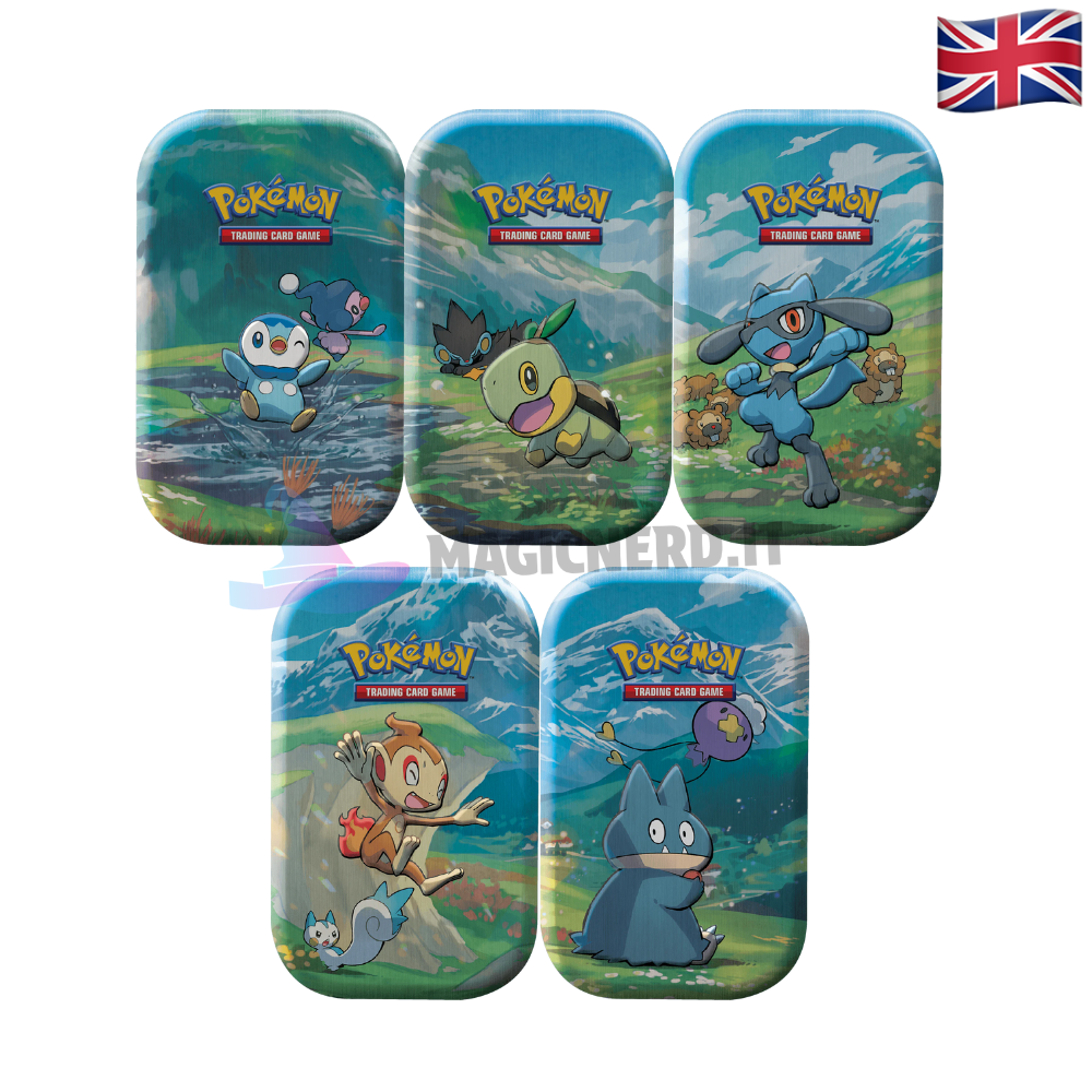Sinnoh stars mini tin set 5 artwork di Piplup,Turtwig,Riolu,Chimchar e Munchlax