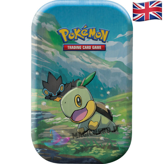 Pokemon Mini Tin Sinnoh Stars con raffigurato su l'artwork di Turtwig e Luxray
